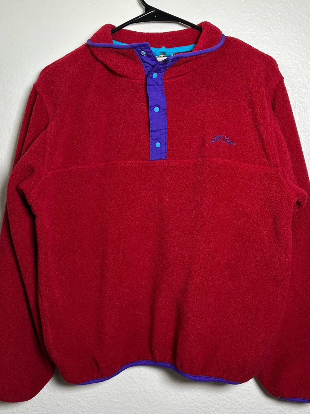 Vintage L.L. Bean Red Fleece Pullover Jacket with Purple Snap Placket